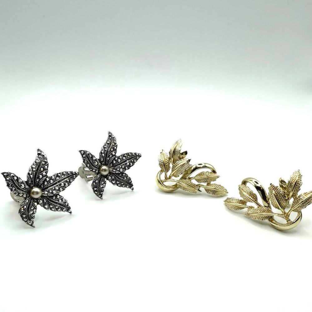 4 pc Vintage Clip Earring Bundle | Coro Gold Leaf + Silver Floral Pearl Accent